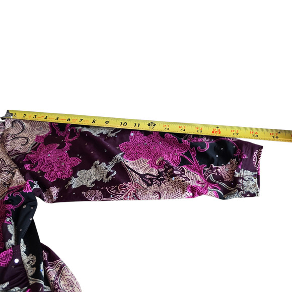 Women’s Medium Paisley Surplice Purple Black 3/4 Sleeve Ruched Stretch Top - Picture 5 of 6